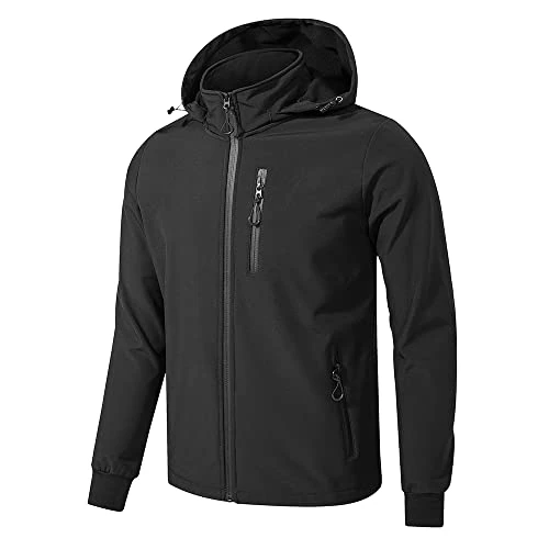 TONY BACKER Veste pour homme d'hiver Softshell imperméable coupe-vent avec capuche, veste chaude, veste décontractée, pour homme, randonnée, Noir-60, XXXL