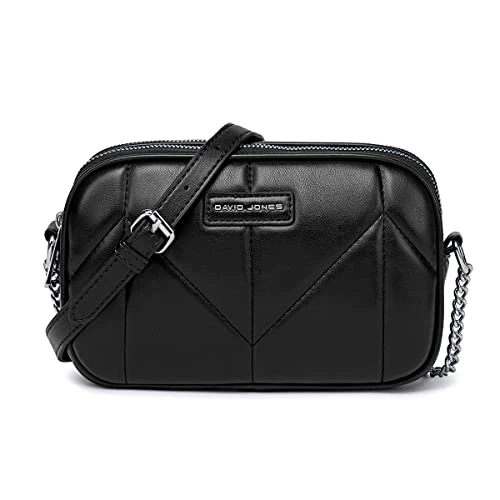 David Jones - Women's Small Crossbody Bag Zip - Ladies PU Leather Shoulder Bag 2 Compartments - Multi Pocket Mini Purse Handbag Clutch - Work Travel City Evening Party Phone - Black