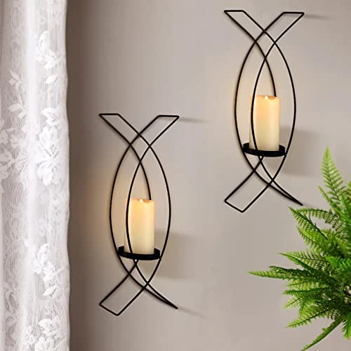 Offerta a tempo: Vesici Set di due applique da parete in metallo, decorazione da parete candela, decorazione da parete per soggiorno, camera da letto, sala da pranzo, decorazione da parete, colore: nero - 0.00% da 44.15 € a 44.15 €