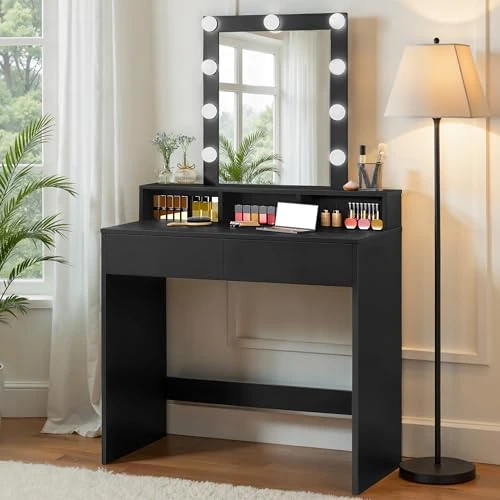 VASAGLE Kailyn Colección - Tocador, Luces LED, Iluminación Regulable en 3 Colores, Mesa de Maquillaje con Espejo, 2 Cajones y 3 Compartimentos, Moderno, Negro RDT114T16