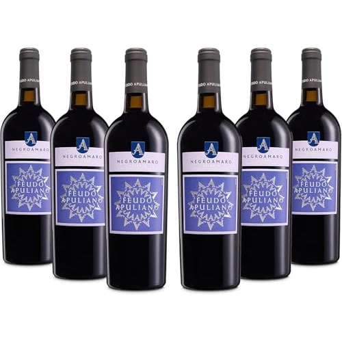 Feudo Apuliano Negroamaro Salento IGP, Vino Rosso dal Gusto Rotondo e Completo, dal Profumo Intenso e Complesso, 14.5% Vol, Confezione con 6 Bottiglie da 750 ml