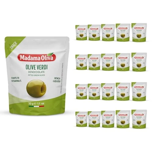 Offerta a tempo: MADAMA OLIVA, Olive Verdi Denocciolate dal Colore Verde Intenso e Gusto Deciso, 100% Made in Italy, Senza Conservanti Aggiunti, 100% Vegetale, Box da 20 Buste in Alluminio da 30 gr - 15% da 23.99 € a 20.39 €