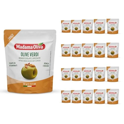 Offerta a tempo: MADAMA OLIVA, Olive Verdi Denocciolate Speziate, Colore Verde Intenso e dal Gusto Caratteristico, 100% Made in Italy, 100% Vegetale, Box da 20 Buste in Alluminio da 30 gr - 15% da 23.99 € a 20.39 €