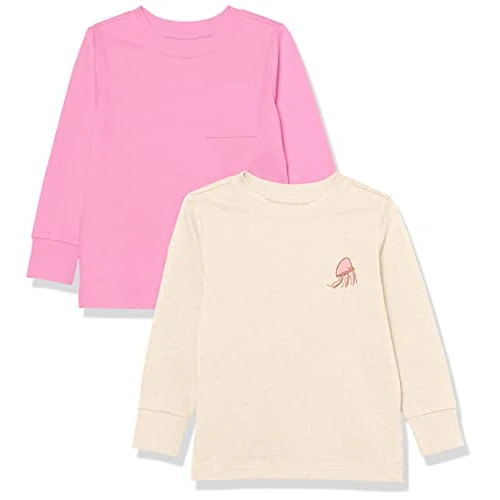 Limitiertes Angebot: Amazon Essentials Unisex Kinder Langarm-T-Shirt mit Rippbündchen, 2er-Pack, Creme Jellyfish/Rosa, 8 Jahre von 14.54 EUR auf 14.54 EUR (Spare 0%)