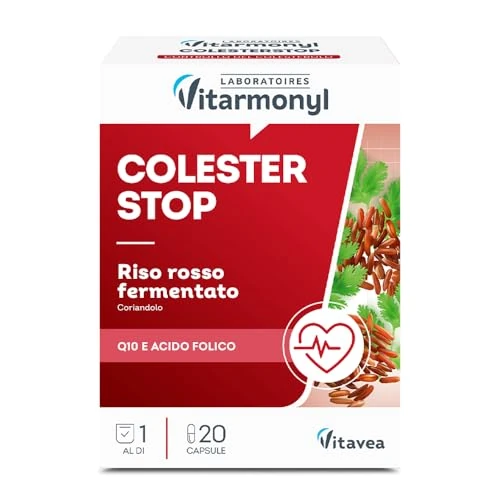 Offerta a tempo: Colesterstop - Riso Rosso Fermentato e Coriandolo - Monacolina K - Con Coenzima Q10 e Acido Folico - Salute Cardiovascolare - 20 Capsule -Vitarmonyl - 36% da 7.77 € a 4.99 €