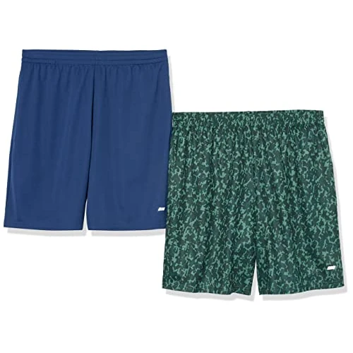Amazon Essentials Herren Sportliche Basketball-Performance-Tech-Trainingsshorts mit Lockerer Passform, 20,3cm Beininnenlänge, 2er-Pack, Grün Camouflagedesign/Marineblau, XL