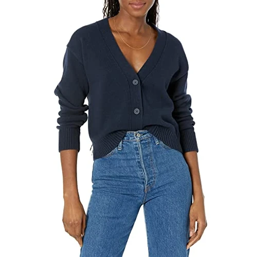 Amazon Essentials Women's Relaxed Fit V-Neck Cropped Button Front Cardigan, Navy, S