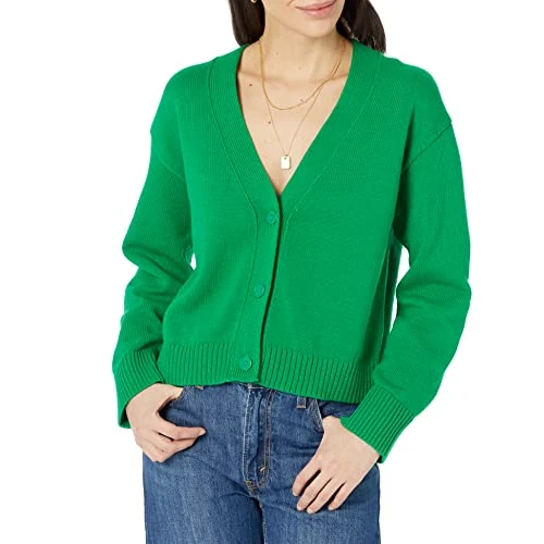 Amazon Essentials Damski kardigan o luźnym kroju z dekoltem w serek, zielony, XS