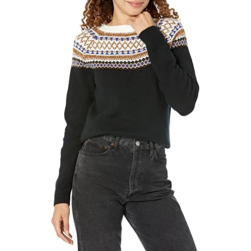 Offerta a tempo: Amazon Essentials Maglione girocollo morbido con motivo Fairisle Donna, Nero Classic Fairisle, S - 40% da 33.30 € a 19.90 €