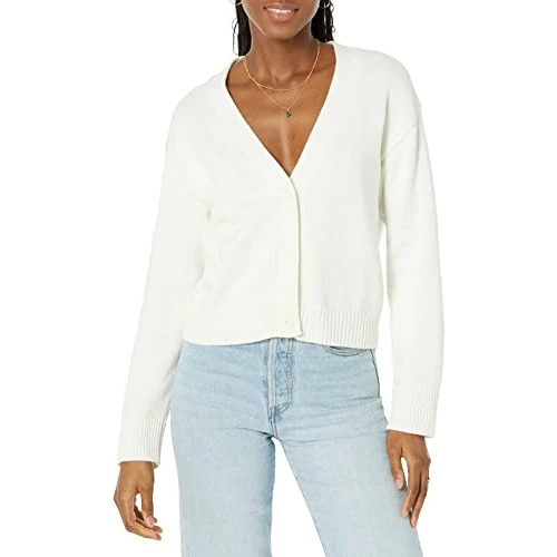 Amazon Essentials Women's Relaxed Fit V-Neck Cropped Button Front Cardigan, Eggshell White, L