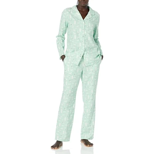 Amazon Essentials Set pigiama da donna in flanella a maniche lunghe con bottoni sul davanti e pantaloni, verde menta animali della foresta, XXL