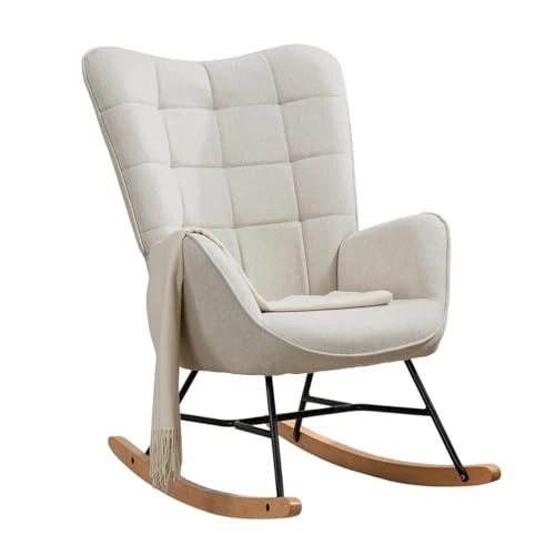 Offre limitee: MEUBLE COSY Fauteuil à Bascule Allaitement Scandinave Chaise Loisir et Repos en Tissu avec Pieds en E' Bois Métal pour Salon, Chambre, Massif, Beige, 66x84x97cm de 168.99 EUR a 142.99 EUR (economie 15%)