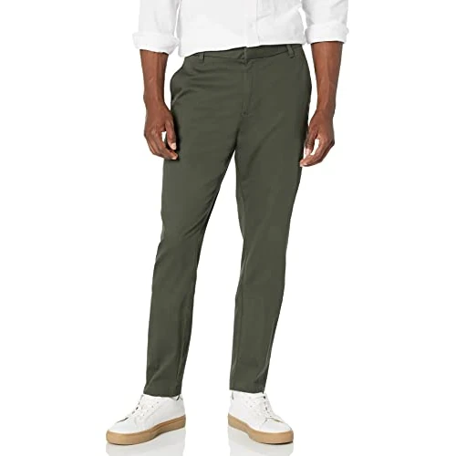 Amazon Essentials Pantaloni chino aderenti elasticizzati con parte piatta sul davanti resistenti alle pieghe Uomo, Verde Oliva Scuro, 30W / 30L