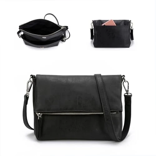 Gladdon Schoudertas voor dames, damestas met 3 compartimenten, opvouwbaar met meerdere vakken, clutch met rits, crossbodytas, leren handtas