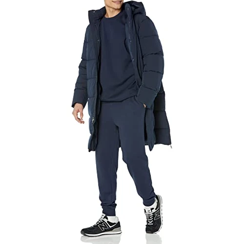 Amazon Essentials Langer Puffermantel mit Kapuze für Herren, Marineblau, Größe L