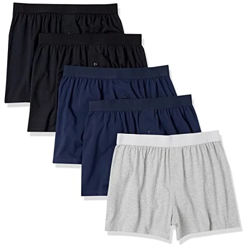 Amazon Essentials Boxer en jersey de coton (grandes tailles disponibles) Homme, Lot de 5, Bleu Marine/Gris Chiné/Noir, 3XL Grande taille