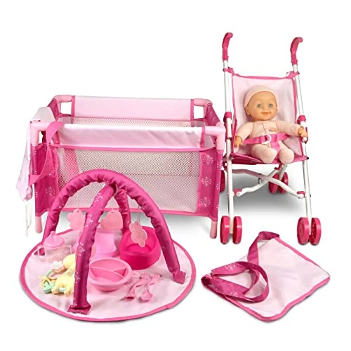 Limited offer: ANIVIA Baby Doll Stroller Set - Includes Stroller, Crib, Play Mat, Feeding Toy, Diaper Bag - Nursery Role Play Set (11" Doll Included) from 69.99 EUR to 69.99 EUR (save 0%)