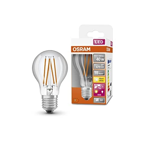 Offerta a tempo: OSRAM Lampada LED Star+ con sensore di luce diurna, E27-base Ottica del filamento,Bianco caldo (2700K), 470 Lumen, sostituzione delle lampade 40W, non dimmerabile, 4-Confezione - 41% da 60.76 € a 35.97 €