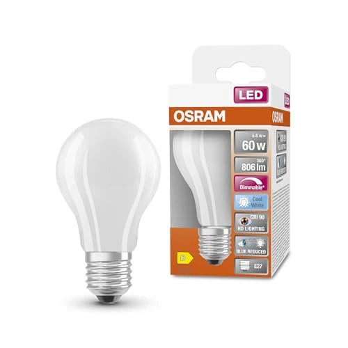 Osram Superstar dimmbare LED-Lampe mit besonders hoher Farbwiedergabe (CRI90) für E27-Sockel, mattes Glas,Kaltweiß (4000K), 806 Lumen, Ersatz für herkömmliche 60W-Leuchtmittel, dimmbar, 1-er Pack
