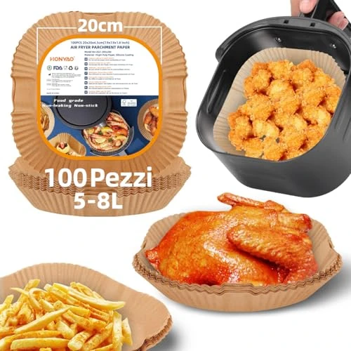 HONYAO Backpapier für Heißluftfritteuse XXL 5-8 L, 100 Stück Quadrat 20x20 cm Air fryer Backpapier Antihaft Einwegschalen Luftfritteuse Pergamentpapier Kompatibel mit COSORI,Philips,Cecotec Airfryer