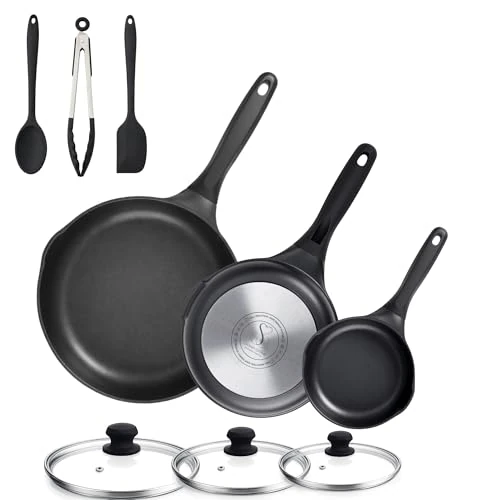 Offerta a tempo: Stone&Stone Set 3 Padelle Antiaderenti a Induzione e gas 20 cm 24 cm 28cm, Rivestimento Ceramico Tedesco GREBLON Padella Senza PFAS, PTFE e PFOA, con 3 Coperchi in Vetro e 3 Utensili - 9% da 99.00 € a 89.90 €