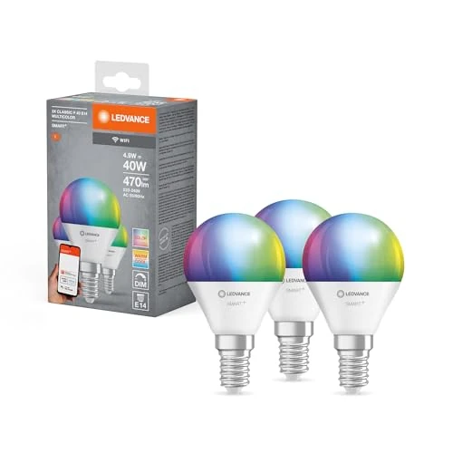LEDVANCE Smart LED lamp with WiFi Technology, E14-base matt Optics ,RGBW Colours Changeable, Light Colour Changeable (2700K-6500K), 470 Lumen, 40W-Replacement, Smart dimmable, 3-Pack