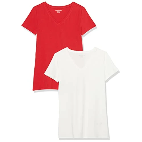 Offre limitée : Amazon Essentials T-Shirt Col en V, à Manches Courtes, Coupe Standard Femme, Lot de 2, Rouge/Blanc, XS de 12.40 € à 12.40 € (0.00% de remise)