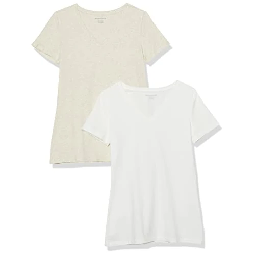 Amazon Essentials T-shirt a Maniche Corte con Vestibilità Classica (Opzioni Girocollo e Scollo a V) Donna , Pack of 2, Avena Puntinato/Bianco, M