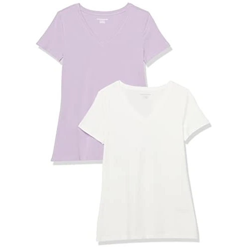 Oferta limitada: Amazon Essentials Camiseta de Manga Corta y Corte Estándar (Opciones de Cuello Redondo y Cuello en V) Mujer, Pack of 2, Lila Pastel/Blanco, L de 17.50 € a 17.50 € (ahorro 0.00%)