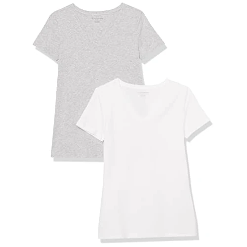 Amazon Essentials T-shirt a Maniche Corte con Vestibilità Classica (Opzioni Girocollo e Scollo a V) Donna , Pack of 2, Grigio Chiaro Puntinato/Bianco, XL