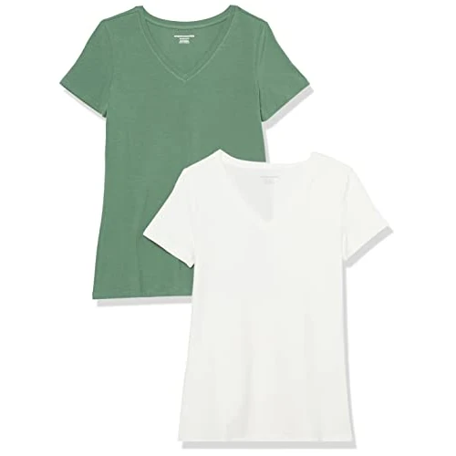 Amazon Essentials T-shirt a Maniche Corte con Vestibilità Classica (Opzioni Girocollo e Scollo a V) Donna , Pack of 2, Verde Salvia/Bianco, S