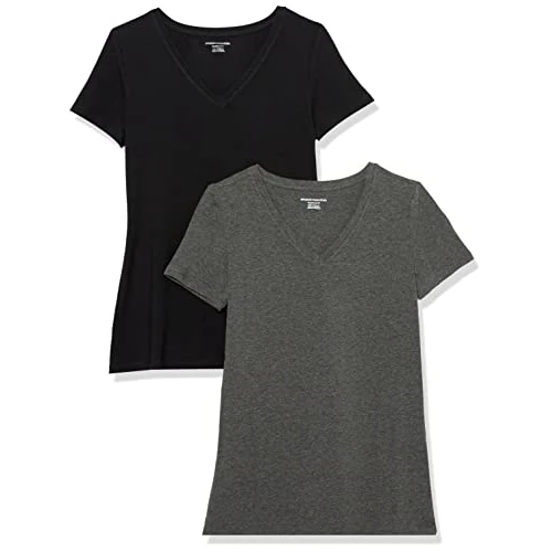 Amazon Essentials Women's Koszulka z krótkim rękawem i dekoltem w serek classic fit, Pack of 2, Czarny/Karbonowy wrzos, XL