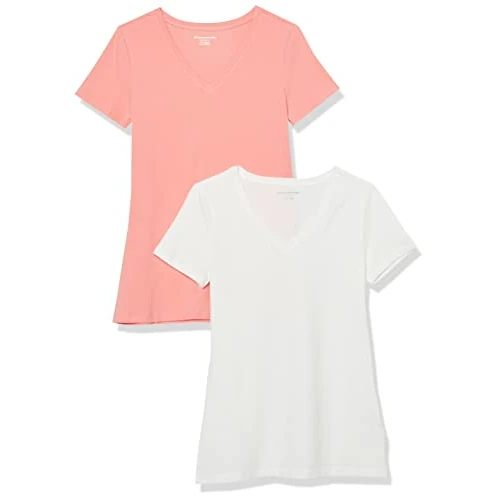 Oferta limitowana: Amazon Essentials Women's Koszulka z krótkim rękawem i dekoltem w serek classic fit, Pack of 2, Biały/Brzoskwiniowy, XL z 98.00 zł na 98.00 zł (oszczędź 0.00%)