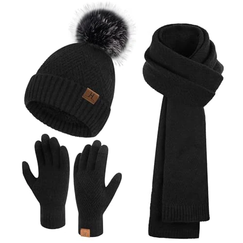 Bequemer Laden Damen Winter Warm Mütze Touchscreen Handschuhe und Lang Schal Set mit Dick Fleece Gefütterte, Thermo Wintermütze Strickmütze Beanie Schals Winterhandschuhe Strickhandschuhe, Schwarz