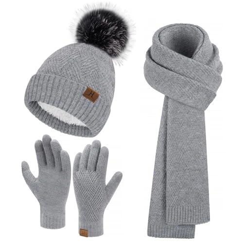Bequemer Laden Damen Winter Warm Mütze Touchscreen Handschuhe und Lang Schal Set mit Dick Fleece Gefütterte, Thermo Wintermütze Strickmütze Beanie Schals Winterhandschuhe Strickhandschuhe, Grau