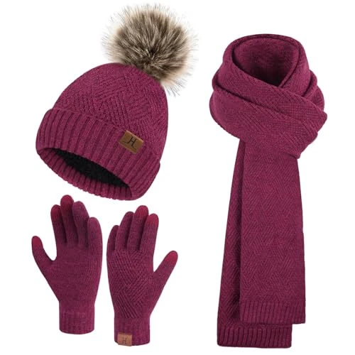 Limited offer: Bequemer Laden Womens Winter Beanie Hats Long Scarf Neck Touchscreen Gloves Set Knitted Pompom Cap with Thermal Fleece Lined from 29.99 EUR to 22.79 EUR (save 24%)