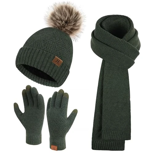 Bequemer Laden Damen Winter Warm Mütze Touchscreen Handschuhe und Lang Schal Set mit Dick Fleece Gefütterte, Thermo Wintermütze Strickmütze Beanie Schals Winterhandschuhe Strickhandschuhe, Armeegrün