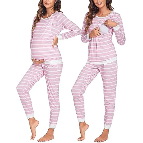 Offerta a tempo: Ekouaer Pigiama Donna Premaman Pigiami maternità Manica Lunga Invernali Due Pezzi Abbigliamento da Notte Morbido Camicia da Notte, Strisce Rosa, S - 46% da 36.99 € a 19.99 €