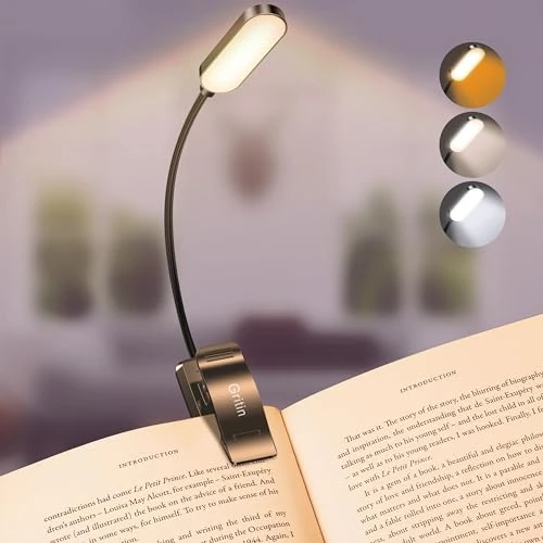 Gritin 16 LED Luz de libro, Lampara Libro de Lectura con 3 Modos de Protección para Los Ojos (Blanco/Ámbar/Mixto) - Atenuación Continua, Recargable, Batería de Larga Duración, Luz de Lectura con Clip