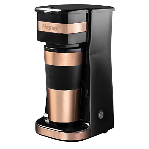 Bestron koffiezetapparaat met thermosbeker, voor gemalen filterkoffie & ideal voor camping, 2 grote koppen, 750 Watt, rvs, Kleur: koper/zwart