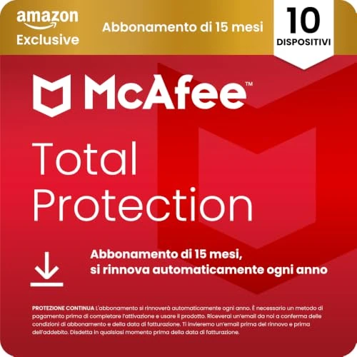 Offerta a tempo: McAfee Total Protection - 10 Dispositiv 2026, 15 mesi, Esclusiva Amazon | Antivirus, VPN gestore delle password, software di sicurezza| Abbonamento con rinnovo automatico, Scarica - 82% da 109.95 € a 19.39 €