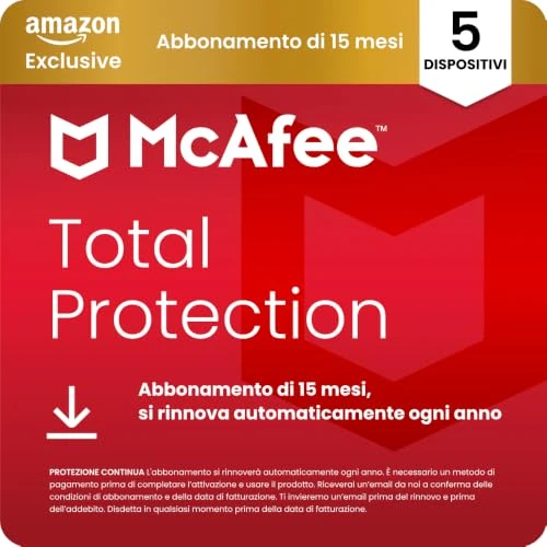 Offerta a tempo: McAfee Total Protection - 5 Dispositiv 2026, 15 mesi, Esclusiva Amazon | Antivirus, VPN gestore delle password, software di sicurezza| Abbonamento con rinnovo automatico, Scarica - 80% da 99.95 € a 19.99 €