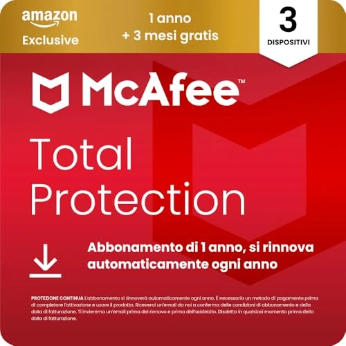 McAfee Total Protection - 3 Dispositiv 2026, 15 mesi, Esclusiva Amazon | Antivirus, VPN gestore delle password, software di sicurezza| Abbonamento con rinnovo automatico, Scarica