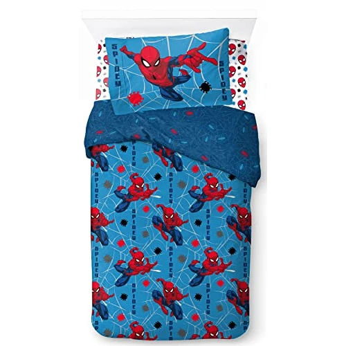 Offerta a tempo: Jay Franco Marvel Spiderman Spidey Faces 100% cotone set biancheria da letto 3 pezzi 135 x 200 cm misura letto singolo - copripiumino + lenzuolo con angoli 90 x 200 cm + federa 50 x 70 cm - 25% da 49.99 € a 37.48 €