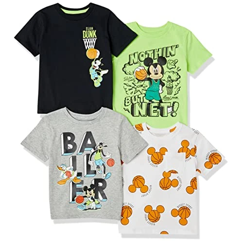 Amazon Essentials Disney | Marvel | Star Wars Camisetas de Manga Corta Niño, Pack de 4, Mickey Basketball, 6-7 años