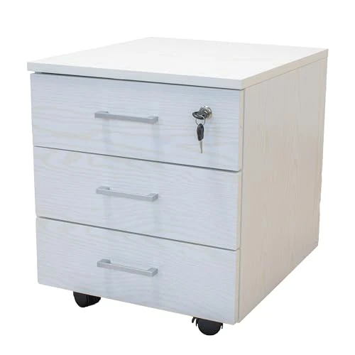 Gardenia Quik Chest of Drawers Wheels 3 Drawers, Lock with Key for Archiving, Office Furniture Studio White Wood, 45x40x61 cm