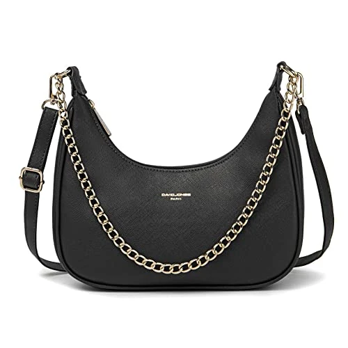 David Jones - Women's Small Chain Crossbody Bag - Ladies rigid PU Leather Shoulder Bag - Girl Clutch Handbag Trendy Evening Designer Bag Retro - Black