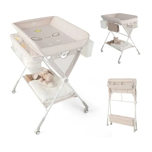 COSTWAY Opvouwbare babyaankleedkussen, draagbare aankleedkussen met 3 niveaus in hoogte verstelbaar, babyaankleedkussen met afsluitbare wielen, plank, handdoekhouder, afvalmand (beige)