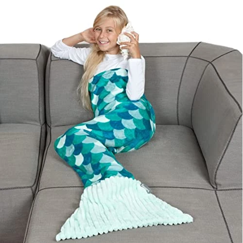 Zeemeermin deken voor kinderen, meisjes, van zacht fleece. Zacht en warm microvezel, plaid Kerstmis of voor comfortabele relaxbank in huis, lang 135 cm, 100% polyester, turquoise, eenheidsmaat
