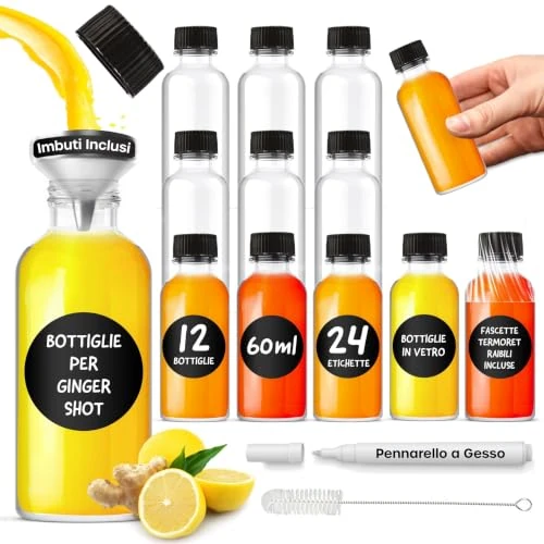 Zeitlich begrenztes Angebot: volila Shot Flaschen zum Befüllen - 12 x 60 ml Mini Glasflaschen - Kleine Flaschen zum Befüllen mit Saft, Likör & Ingwer - Shotgläser mit Deckel, Reinigungsbürste, Stift, Trichter & Etiketten von 13.99 € auf 13.99 € (0.00% Rab